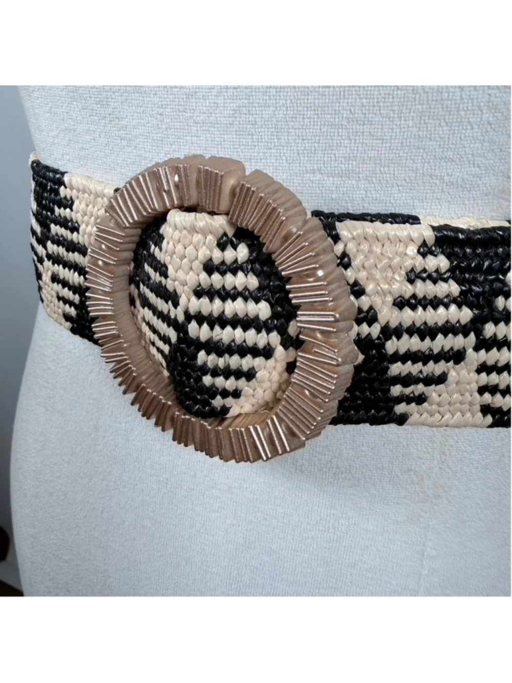 Bohemian Stretch Raffia Belt Black Beige Knit Woven Waist Belt Coastal Size M/L
